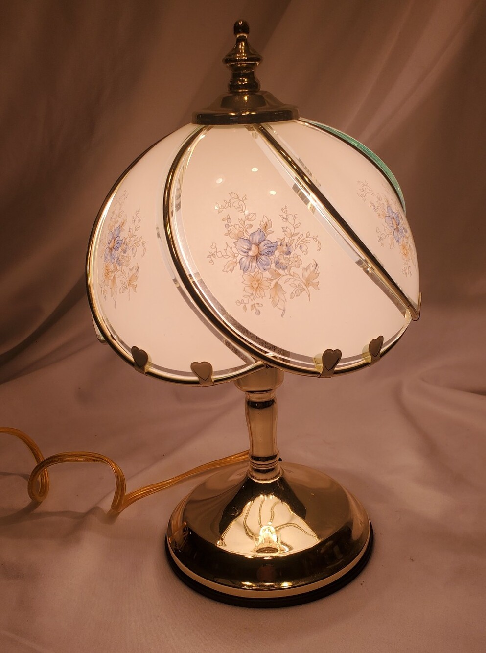 Tiffany Style Vtg 2004 Swirl 6-Panel Brass Touch Lamp Blue Floral Shade, 11"T